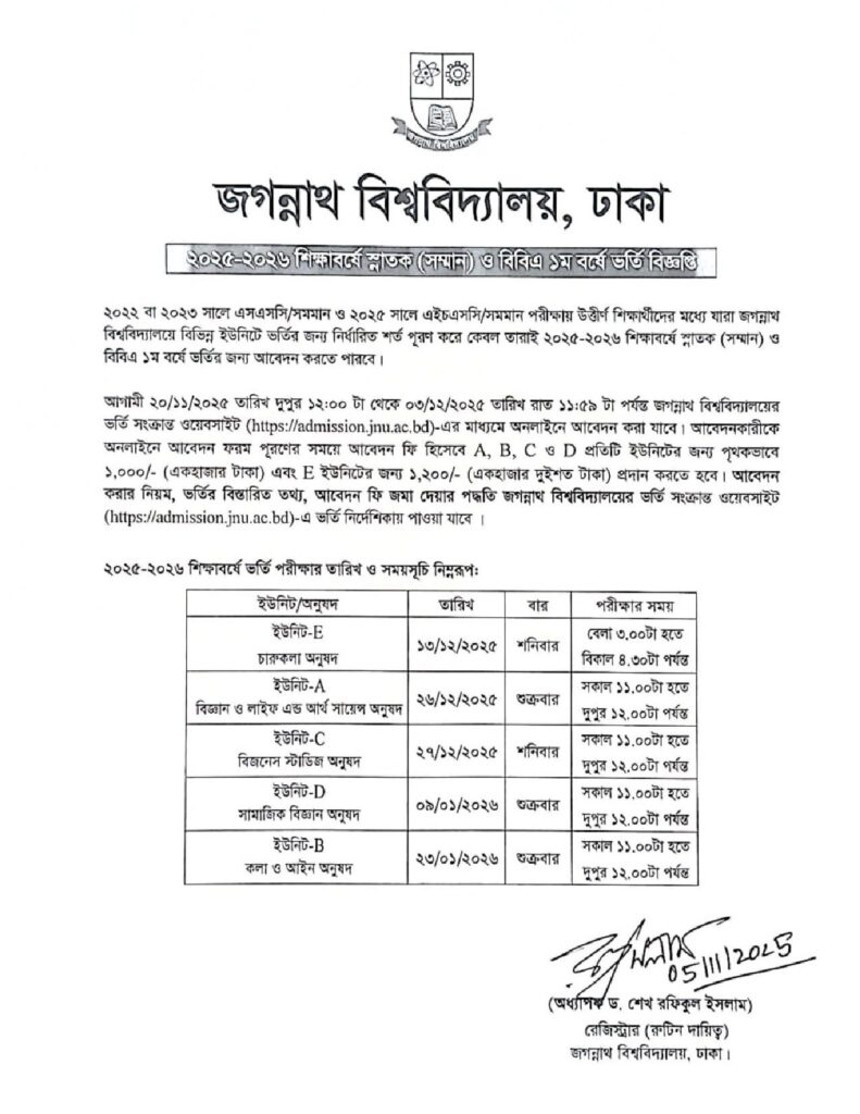 Jagannath University Admission circular 2026
